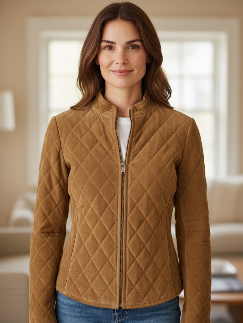 Ann Taylor Quited Suede Leather Jacket Women Small in Camel Brown